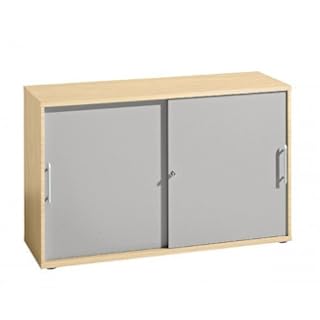 Büro Schiebetürenschrank 120 x 40 x 74,8 cm Aktenschrank mit 2 Fächer und grauer Tür abschließbar Dekor wählbar, Dekor:Ahorn / Silbern