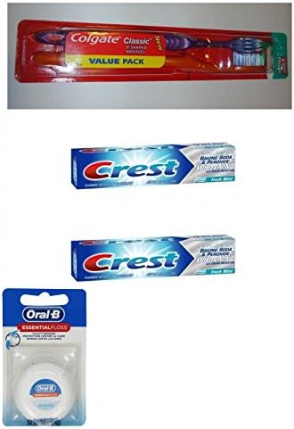 Crest Fluoride Anticavity Toothpaste Baking Soda Whitening with Tartar Protection Fresh Mint 3.5 Oz 2 Pack + Colgate Classic Toothbrush w/ Tongue Cleaner + Dental Floss - 54 Yards