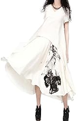 V-neck Cotton/Linen Short Sleeves General Print  Dress