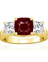 14K Yellow Gold Cushion Cut Ruby Three Stone Ring