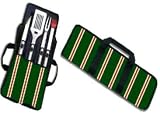 Two Dogs Designs 4-Piece Barbecue Utensil Set and Carrier, Green Stripes