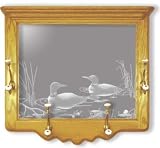 Wall Mounted Etched Mirror Coat Rack - Loons Waterfowl Art Etching - Solid Oak, Hand-Rubbed Finish