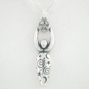 Lunar Goddess Pendant with Celestial Symbols in Sterling Silver on a 16" Box Chain, #8524