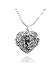 Solid Sterling Silver 925 Locket Angel Wings Flying Heart Pendant Necklace,18" Snake Chain (Black)