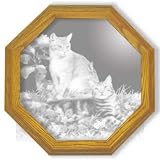Decorative Etched Mirror - Cat Art Etching, Octagon Solid Oak Framed Wall Mirror, 13 inches