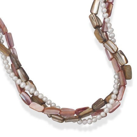 Pink Pearl and Shell Fashion Necklace Torsade Twist Three Strand Layers Fine Silver Plate Adjustable