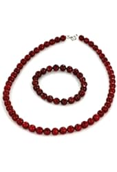Women's Sterling Silver Red Dyed Coral Faceted Beaded Bracelet and Necklace Set