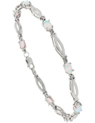 10k White Gold 7 in. Loop Link Eternity Bracelet w/ 5x3mm Oval Cut Natural Opal Stones & Brilliant Cut Diamonds, 5/32 in. (4mm) wide