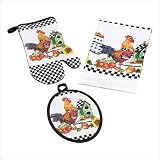Good Morning Rooster Kitchen Towel Set includes TWO Towels, One Pot Holder and One Oven Mitt