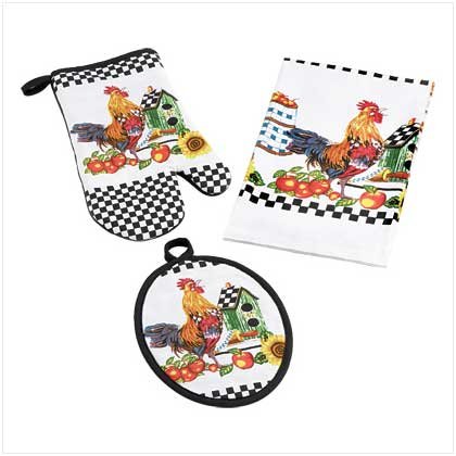 Good Morning Rooster Kitchen Towel Set includes TWO Towels, One Pot Holder and One Oven Mitt