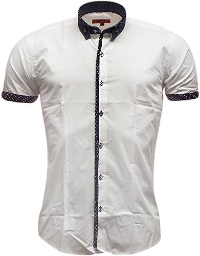 Swade Men's Plain Shirt Short Sleeve Polka Dot Trim Tape Slim Fit Large White