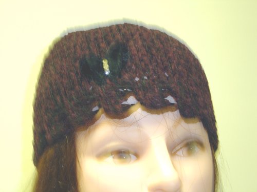 Cp122pb, Hand Crocheted Plum Color Chenille Gimp Skull Cap with Black Velvet Rhinestone Studded Butterfly for Women and Teens.. Tight Weave Suitable to Wear in Cold Weather