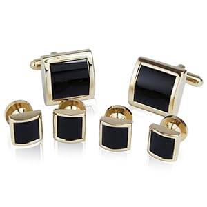Cufflinks and Studs Set for Tuxedo - Formal Black with Shiny Gold Trimming by Men's Collections (cs2)