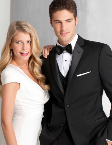 Mens Black 2 Button Notch Lapel Super 120s Wool Slim Fit Tuxedo by Ike Behar