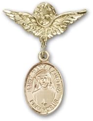 14K Gold Baby Badge with St. Maria Faustina Charm and Angel with Wings Badge Pin