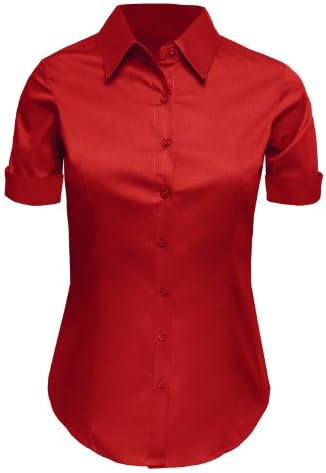 LE3NO Womens Plus Size Tailored Short Sleeve Button Down Shirt with Stretch