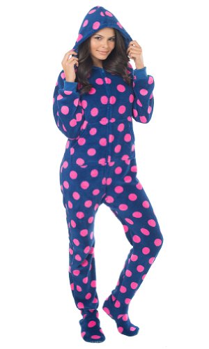 Footed Pajamas Navy Pink Polka Adult Hoodie One Piece