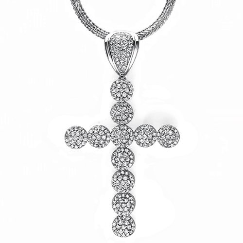 Mens White CZ Cubic Zirconia Iced Micro Pave Platunum Plated Flower Cluster Hip Hop Religious Cross Necklace Pendant (4 inch x 2 inch) FREE CHAIN