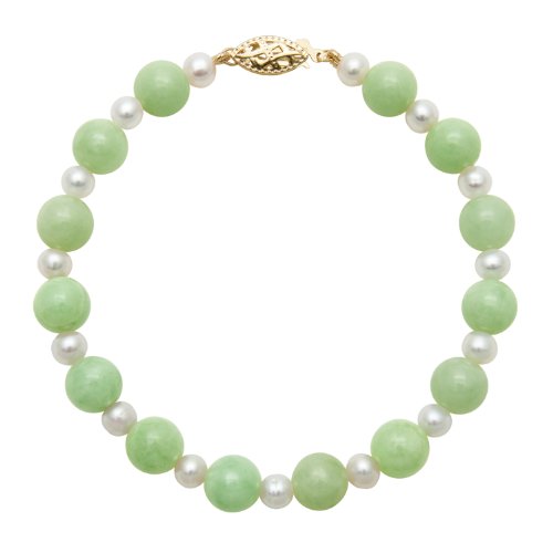 Click To 4mm White Freshwater Pearl and 8mm Green Jade Stone Bracelet with 14K Yellow Gold Clasp Details... 4mm White Freshwater Pearl and 8mm Green Jade Stone Bracelet with 14K Yellow Gold Clasp