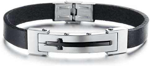 INTOP Black Leather Mens Stainless Steel Band Cross Adjustable Length Bracelet in a Gift Box