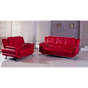 Red Leather Modern Sofa Loveseat Living Room Set