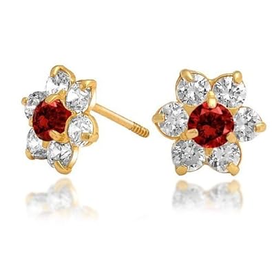 Cheap Girls Jewelry Bling Jewelry Kids Garnet Color Safety Screw Back CZ Flower Studs 14k Gold For Sale