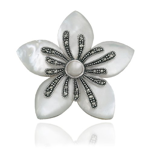 Sterling Silver Marcasite and Mother-of-Pearl Flower Pin
