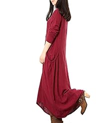 Round Neck Spring Cotton/Linen Long Sleeves  Dress