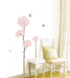 Easy Instant Decoration Wall Sticker Decal - Long Stem Pink Flower Butterfly Petals