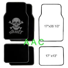 A set of 4 universal fit plush carpet floor mats for cars / truck - Skull and Cross Bone Silver