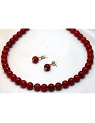 Coral Set Necklace and Earrings 8mm Coral Italian Beads Necklace and Matching Earrings 14k Gold Earrings with Post