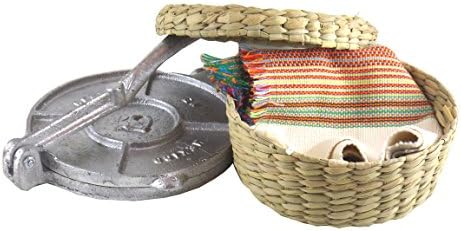Bundle of 3 Items: Aluminum Tortilla Press, Hand Made Tule Basket Warmer and Cotton Napkin