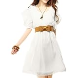 Allegra K Women Scoop Neck Ruffled Short Sleeve Chiffon Dress w Belt White XS