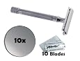 Merkur Long Handled Double Edge Safety Razor Chrome #180, with 10 Double Edge Platinum Blades, and a 10x Suction Cup Shower Mirror