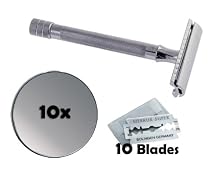 Merkur Long Handled Double Edge Safety Razor Chrome #180, with 10 Double Edge Platinum Blades, and a 10x Suction Cup Shower Mirror
