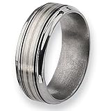 Sterling Silver Center Ridged Edge Brushed & Polished Titanium Ring (8.0 mm) With Wood Box - Sizes 8-12