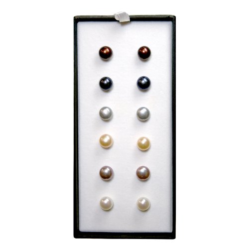 Click To 6-Pairs 9-10mm Button Freshwater Pearl Stud Earrings Set in Sterling Silver - Chocolate, Black, Gray, Cream, Pink/Lavender, White Details... 6-Pairs 9-10mm Button Freshwater Pearl Stud Earrings Set in Sterling Silver - Chocolate, Black, Gray, Cream, Pink/Lavender, White