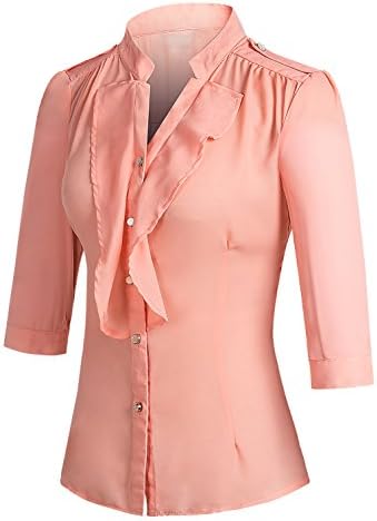 Women Elegant V Neck Half Sleeve Slim Fit OL Blouse Shirt Apricot US 10