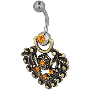 Pugster Mothers Day Gifts Orange And Gold Heart Dangle Gem Belly Button Ring Navel Piercing Bar Body Jewelry