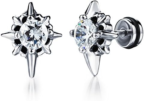 JSEA W-Cubic Zirconia Cz Star Stud Earrings Stainless Steel Screw Back Post Unisex