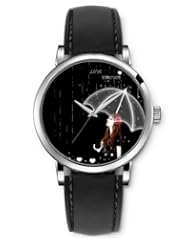 SPRAWL Aanalog Fashion Series Silver Ladies Watches of Genuine Black Leather Strap,Unique Wrist Watch for Women Girls Designed with Girl in the rain