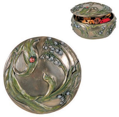 ART NOUVEAU LADYBUG & BLUEBELL Trinket Jewelry Box Bronze Finish with Hand-Painted Color Accents