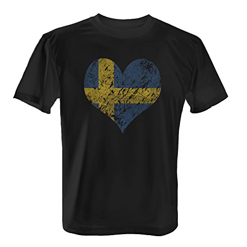 EM 2016 I Love Sweden – Herren T-Shirt von Fashionalarm | Shirt für Fußball Fans | Print im Vintage Destroyed Used Look | Europameisterschaft Europameister Trikot Herz Schweden, Farbe:schwarz;Größe:L