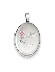 Sterling Silver Mom W/Enamel Flower 19mm Oval Locket