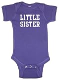 Riverstone Goods Little Sister (Block Letters) Baby Infant Short Sleeve Bodysuit Creeper (Purple, Newborn)