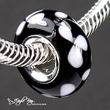 Black with White Flowers - Fits Pandora Jewelry Bracelets - Glass Charm By Eagle Bay Designs