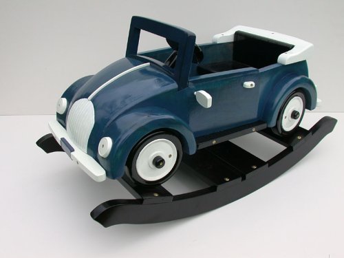 Childrens Toyshop  Toys : 35" Long Blue Rocking Car with White Wheels/Lamps/Mirrors and Hood