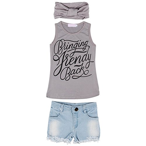 Leezo Toddler Girl Headband+Top T-shirt+Short Jeans Pants Clothes Set