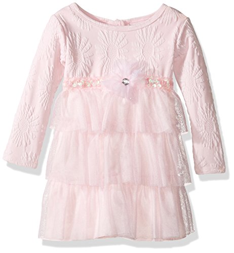 Youngland Girls' Textured Knit to Tiered Mesh Dress, Pink, 12 Months