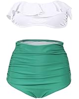 Bluetime Womens Ruffles High Waist Strapless 2 Piece Bikini Swimsuit Side Ruched